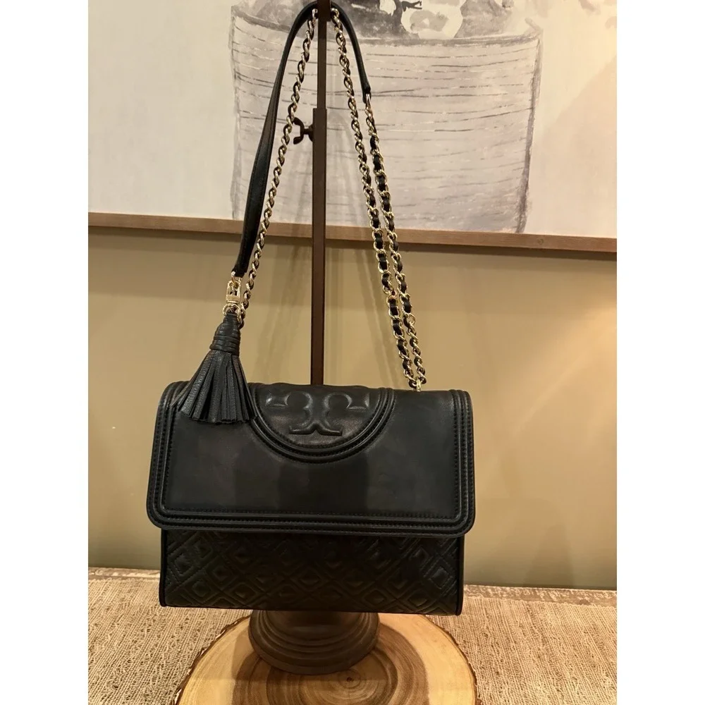 Tory Burch Fleming Black Leather Convertible Shoulder‎ Bag Quilted Tassel Large